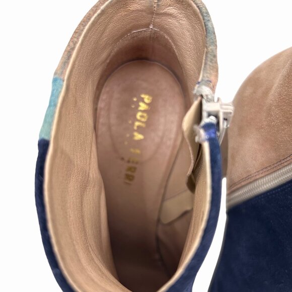 PAOLA FERRI BLUE BEIGE COLORBLOCK SUEDE ANKLE BOOTS W/ SIDE ZIPPER SZ 39 (8.5) - Picture 7 of 12